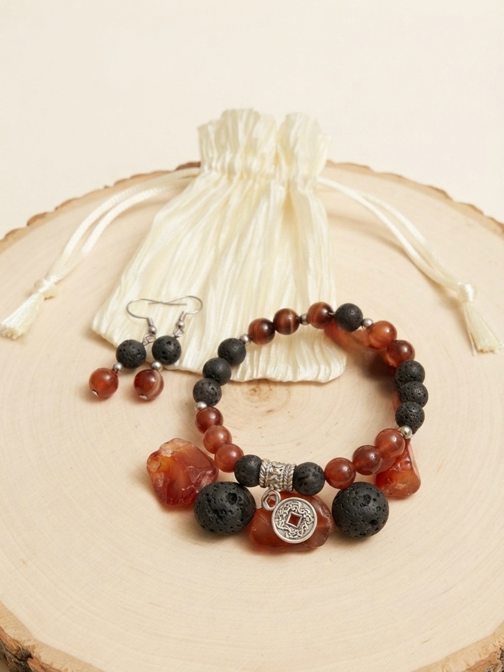 Red Bead & Black Lava Stone Bracelet & Earrings Jewelry Set